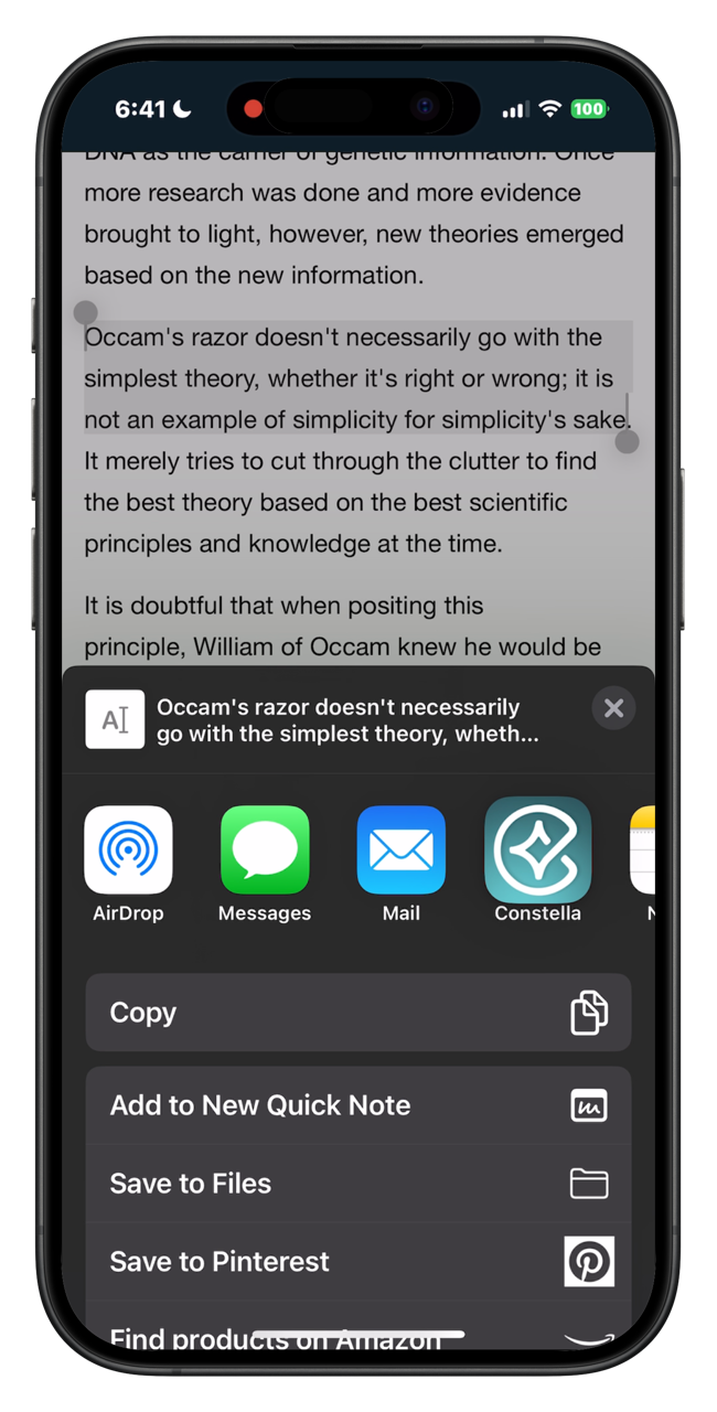 Constella mobile clippings from other apps