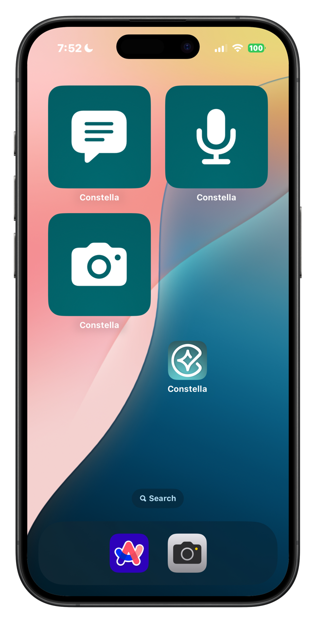 Constella mobile widgets, shortcuts, and action button